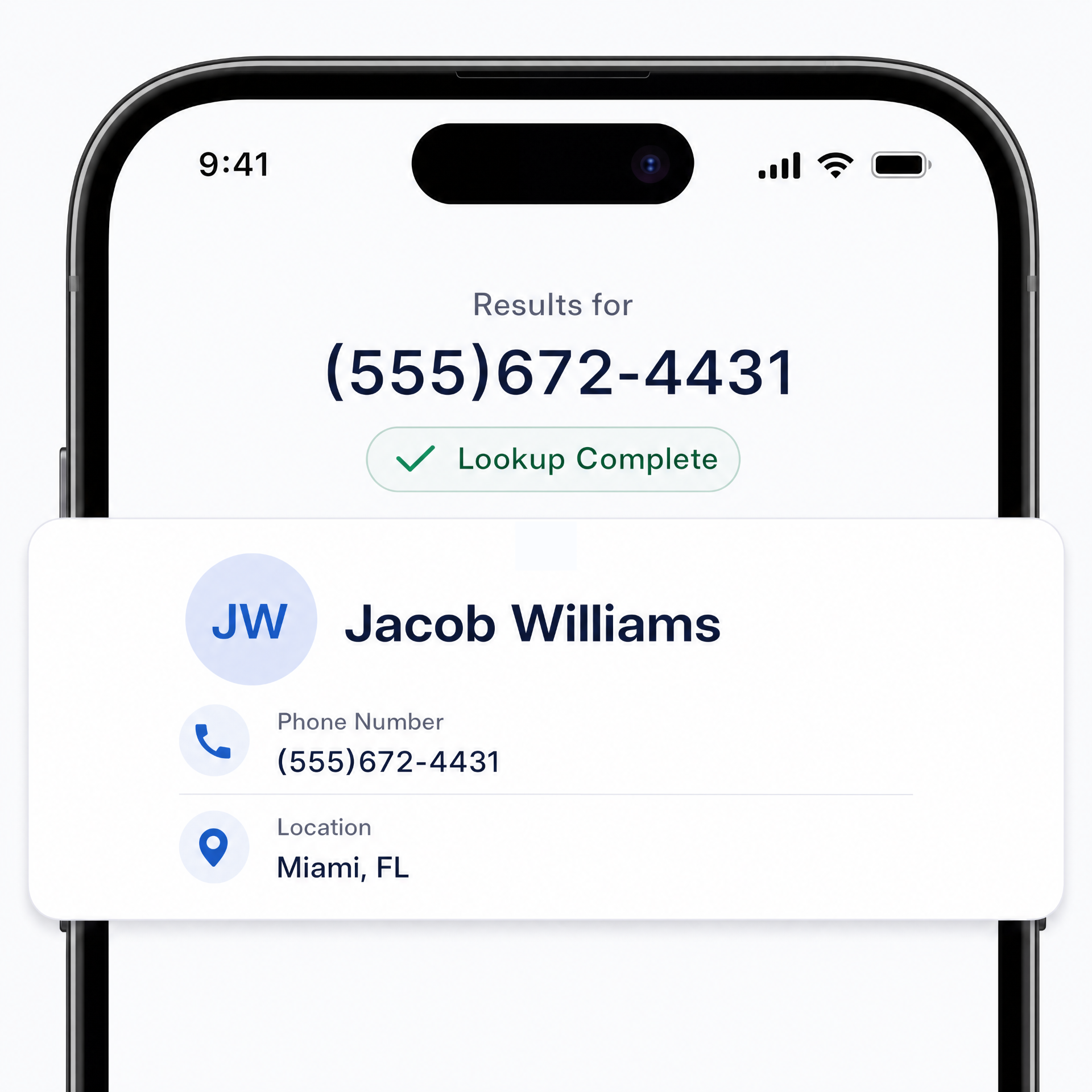 Phone showing a reverse phone lookup preview with caller name, location, and carrier details